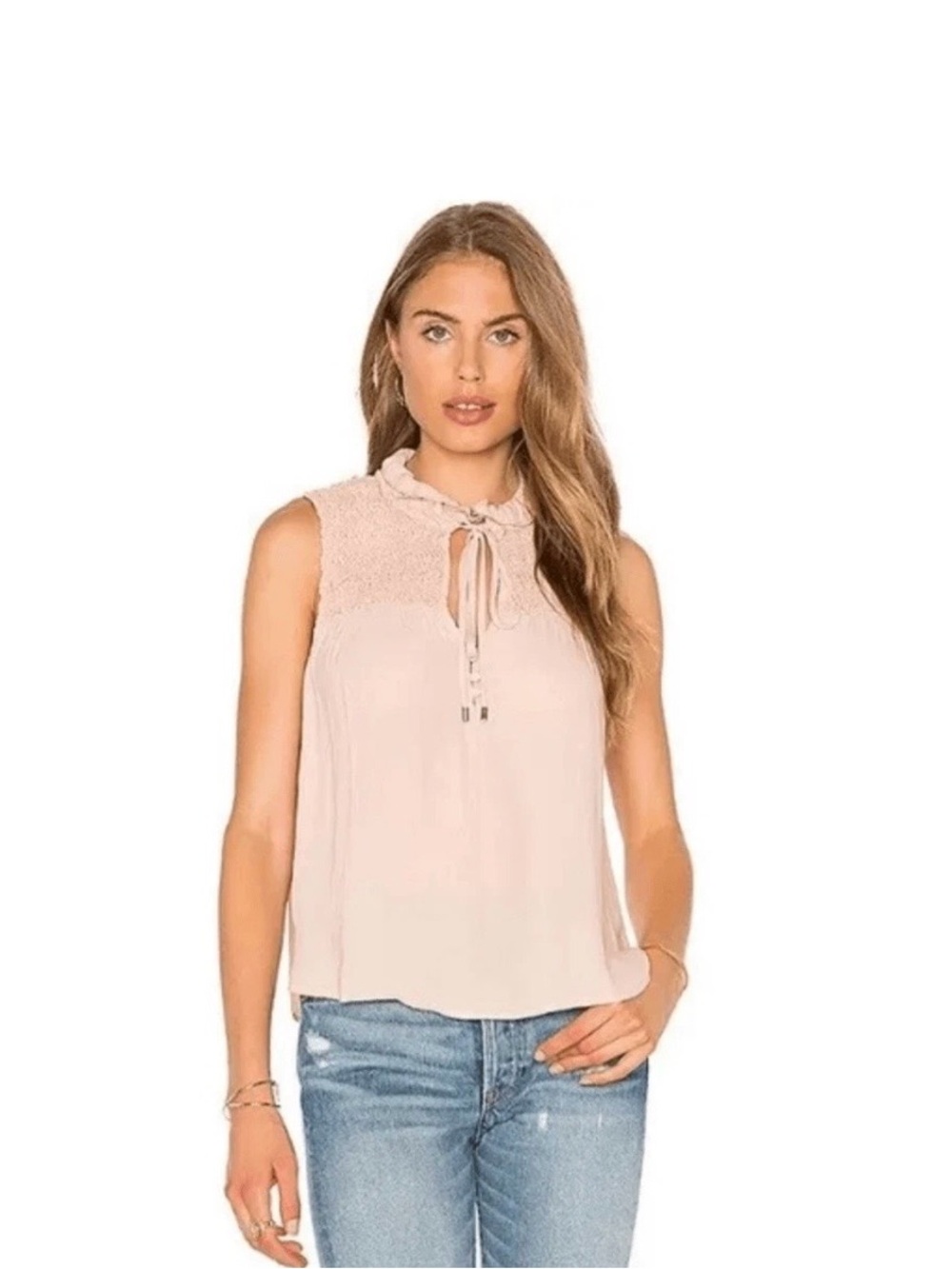 Free People Ruffle Me Up Tank Blush Pink Smocked Tie Neck Sleeveless M